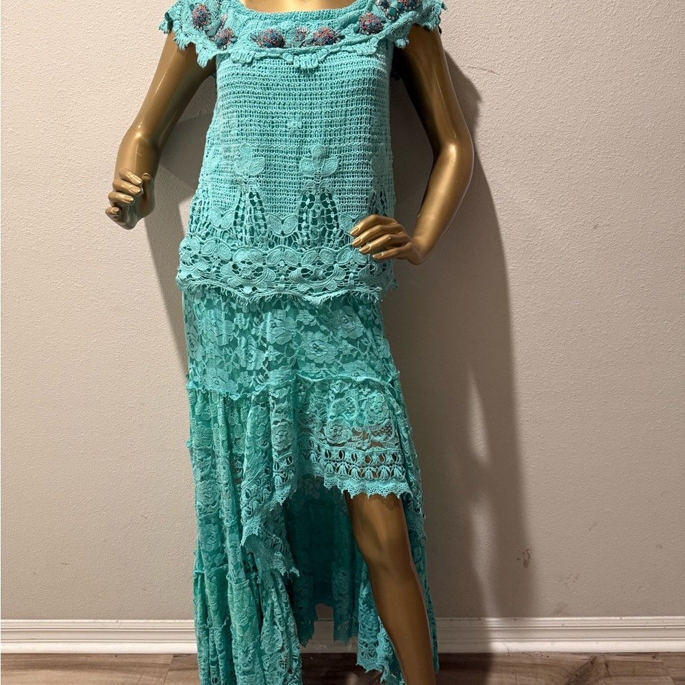 Elegant Crochet Lace Dress in Aqua